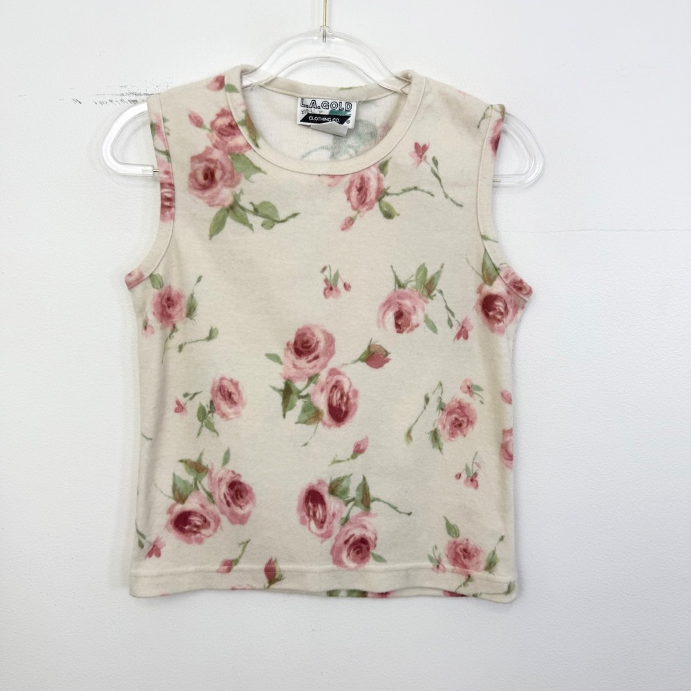 Vintage L.A. Gold Rose Floral Sleeveless Sweater Top Medium